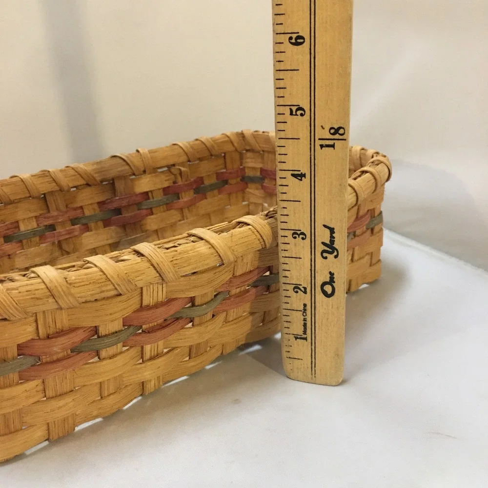 Handmade Woven Splint Basket Home Decor Natural Red Green 1992 Artisan Vintage